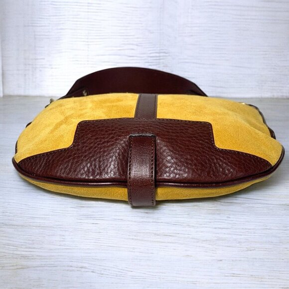 Burberry Suede & Leather Hobo Shoulder Bag Mustard Yellow Dark Brown 10"x8"x2" - Picture 7 of 13